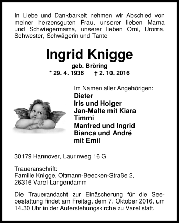 Traueranzeige von Ingrid Knigge von Nordwest-Zeitung