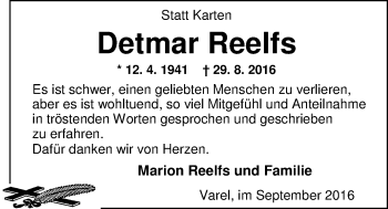 Traueranzeige von Detmar Reelfs von Nordwest-Zeitung