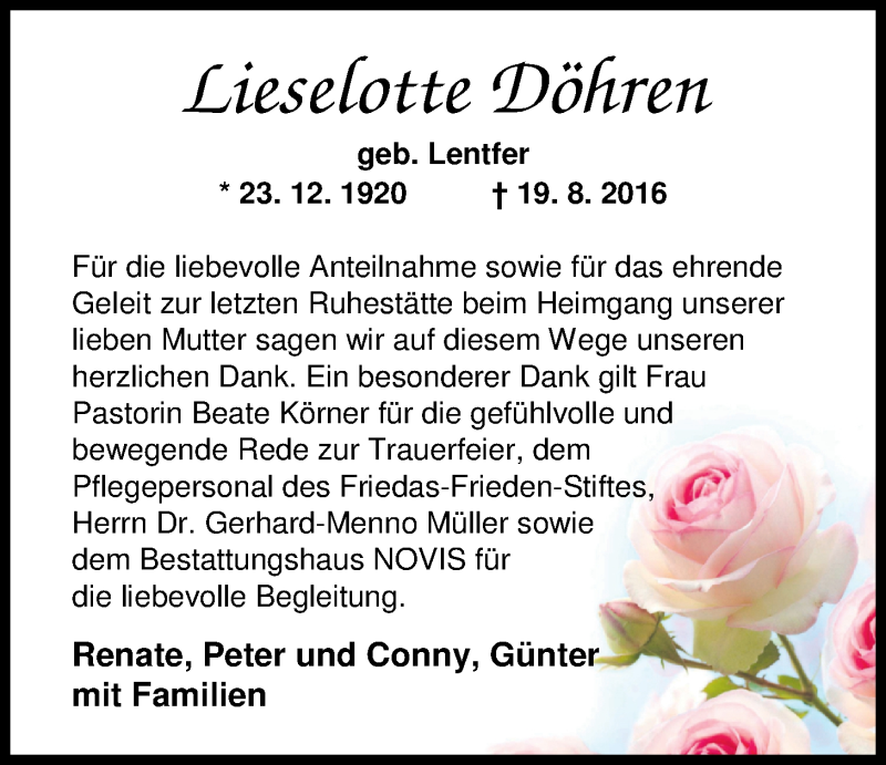  Traueranzeige für Lieselotte Döhren vom 01.10.2016 aus Nordwest-Zeitung
