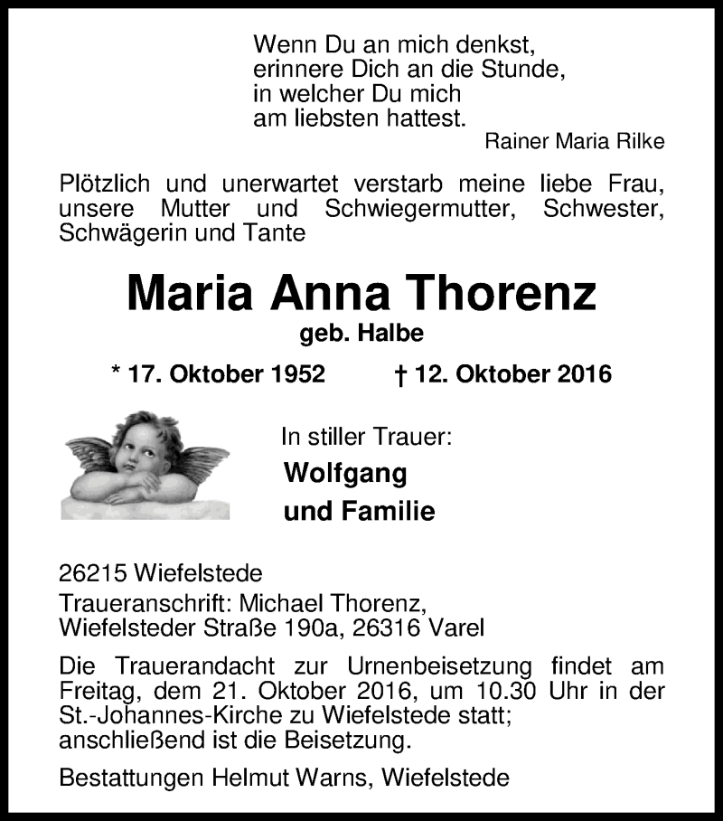  Traueranzeige für Maria Anna Thorenz vom 18.10.2016 aus Nordwest-Zeitung