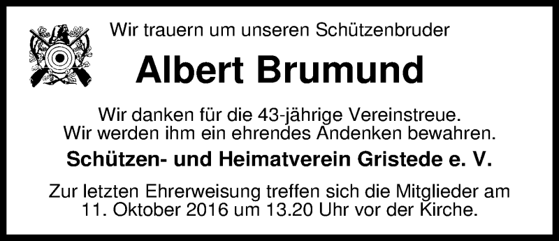  Traueranzeige für Albert Brumund vom 07.10.2016 aus Nordwest-Zeitung