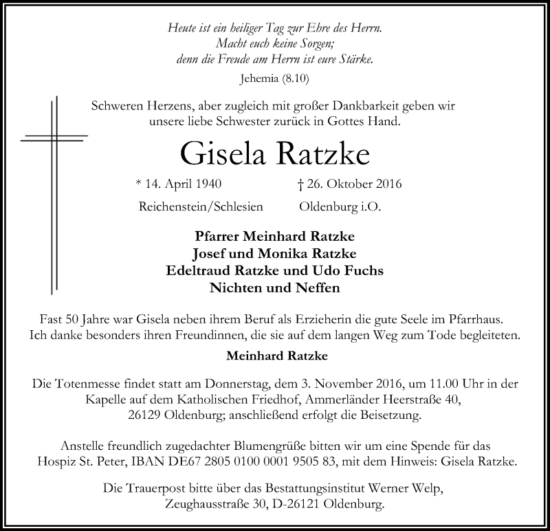  Traueranzeige für Gisela Ratzke vom 31.10.2016 aus Nordwest-Zeitung