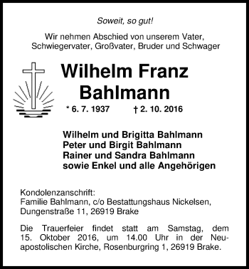 Traueranzeige von Wilhelm Bahlmann von Nordwest-Zeitung
