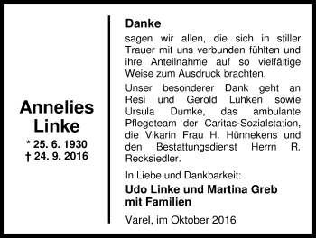 Traueranzeige von Annelies Linke von Nordwest-Zeitung