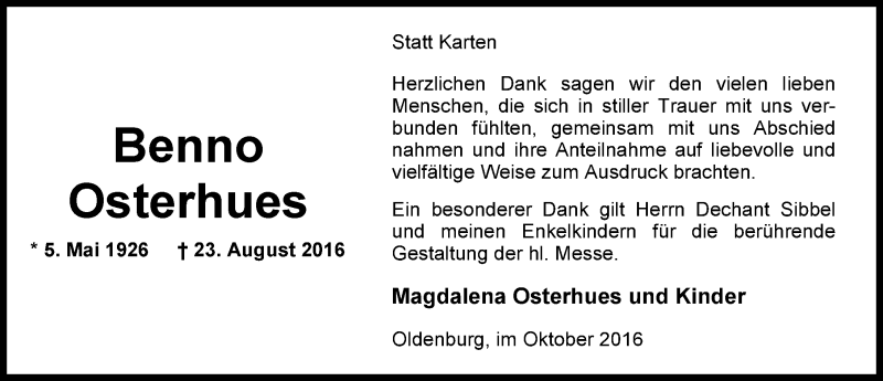  Traueranzeige für Benno Osterhues vom 22.10.2016 aus Nordwest-Zeitung
