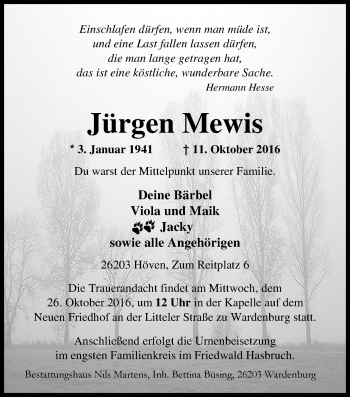 Traueranzeige von Jürgen Mewis von Nordwest-Zeitung