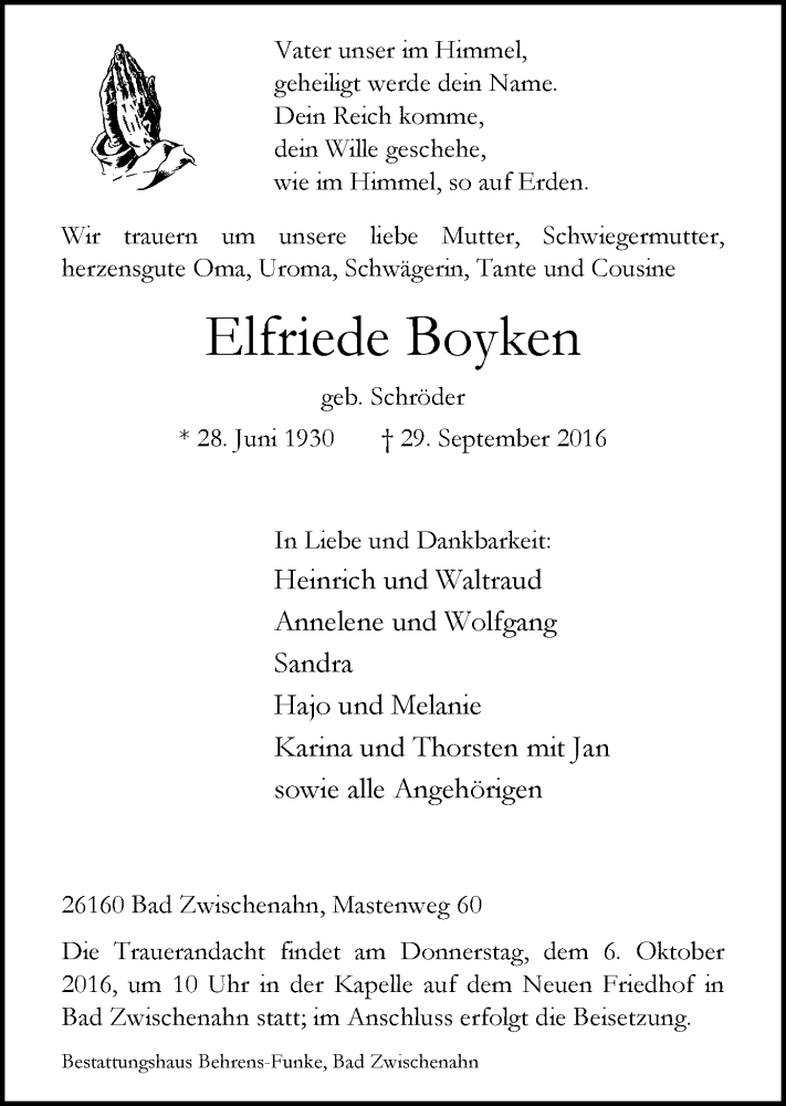  Traueranzeige für Elfriede und Annelene Boyken vom 05.10.2016 aus Nordwest-Zeitung