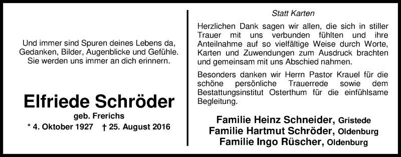  Traueranzeige für Elfriede Schröder vom 08.10.2016 aus Nordwest-Zeitung