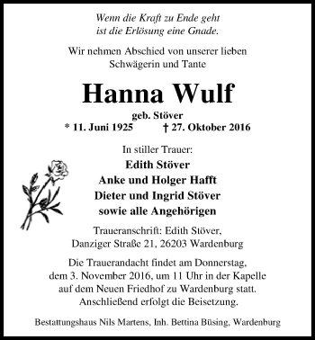 Traueranzeige von Hanna Wulf von Nordwest-Zeitung