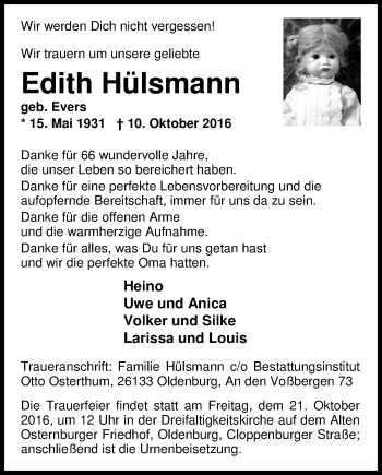 Traueranzeige von Edith Hülsmann von Nordwest-Zeitung