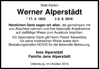 Traueranzeige von Werner Alperstädt von Nordwest-Zeitung