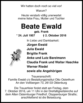 Traueranzeige von Beate Ewald von Nordwest-Zeitung