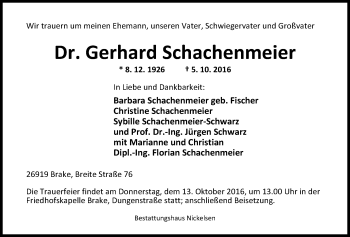 Traueranzeige von Dr. Gerhard Schachenmeier von Nordwest-Zeitung