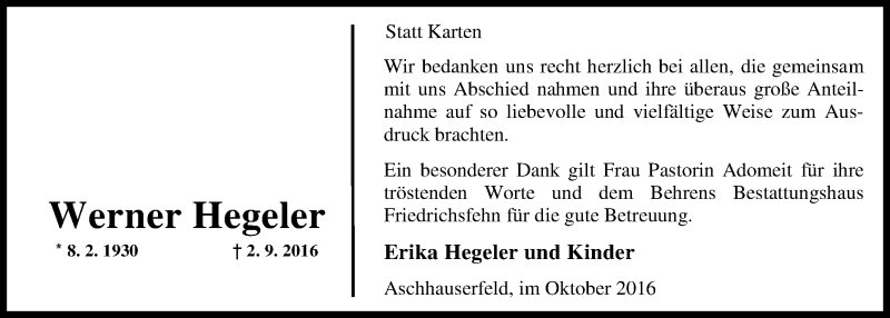  Traueranzeige für Werner Hegeler vom 07.10.2016 aus Nordwest-Zeitung
