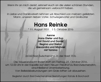 Traueranzeige von Hans Reinke von Nordwest-Zeitung