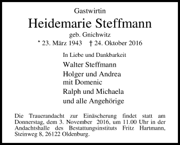 Traueranzeige von Heidemarie Steffmann von Nordwest-Zeitung