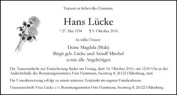 Traueranzeige von Hans Lücke von Nordwest-Zeitung