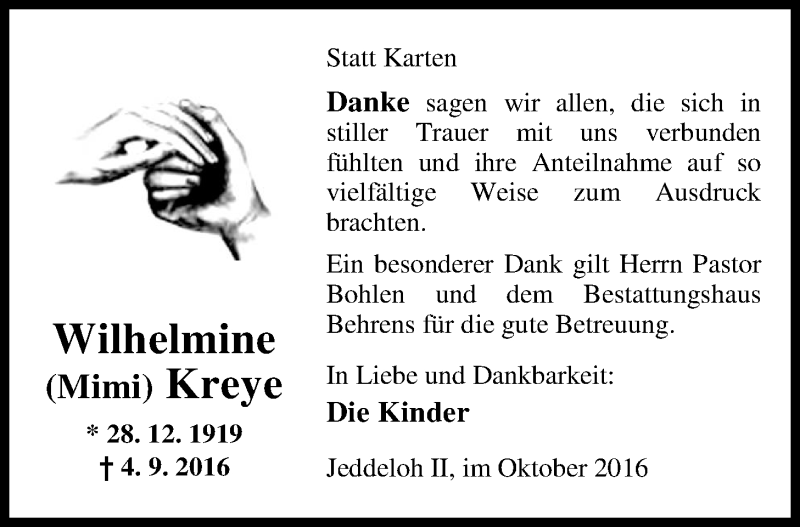  Traueranzeige für Wilhelmine Kreye vom 29.10.2016 aus Nordwest-Zeitung