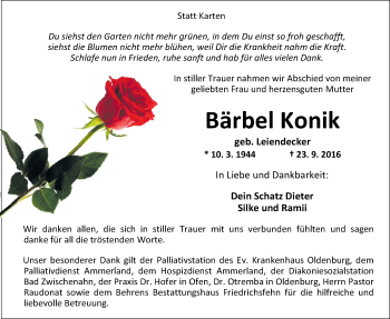 Traueranzeige von Bärbel Konik von Nordwest-Zeitung