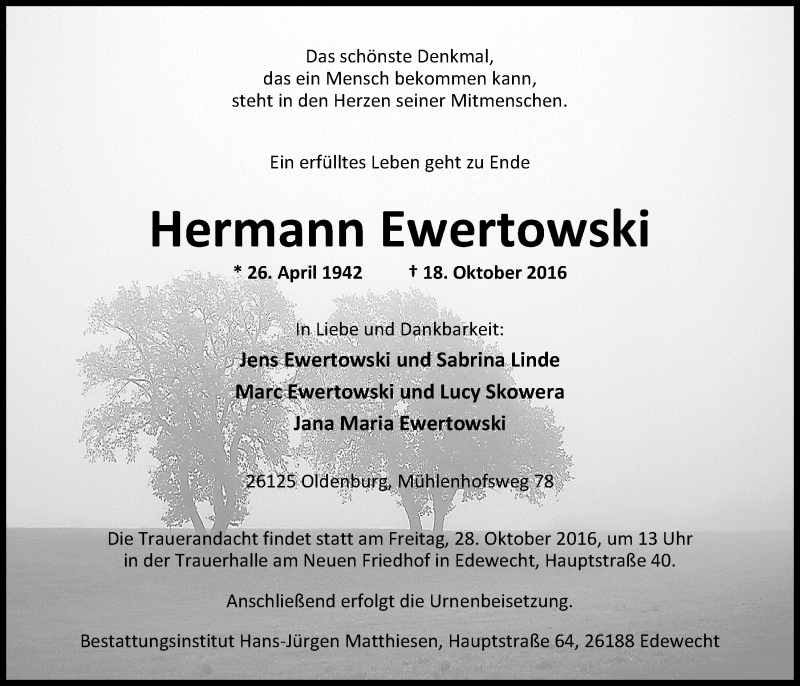  Traueranzeige für Hermann Ewertowski vom 22.10.2016 aus Nordwest-Zeitung