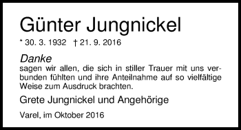 Traueranzeige von Günter Jungnickel von Nordwest-Zeitung
