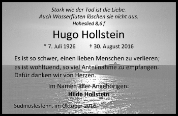 Traueranzeige von Hugo Hollstein von Nordwest-Zeitung