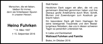 Traueranzeige von Heino Fuhrken von Nordwest-Zeitung