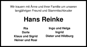 Traueranzeige von Hans Reinke von Nordwest-Zeitung
