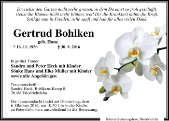 Traueranzeige von Gertrud Bohlken von Nordwest-Zeitung