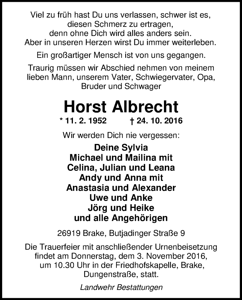  Traueranzeige für Horst Albrecht vom 29.10.2016 aus Nordwest-Zeitung