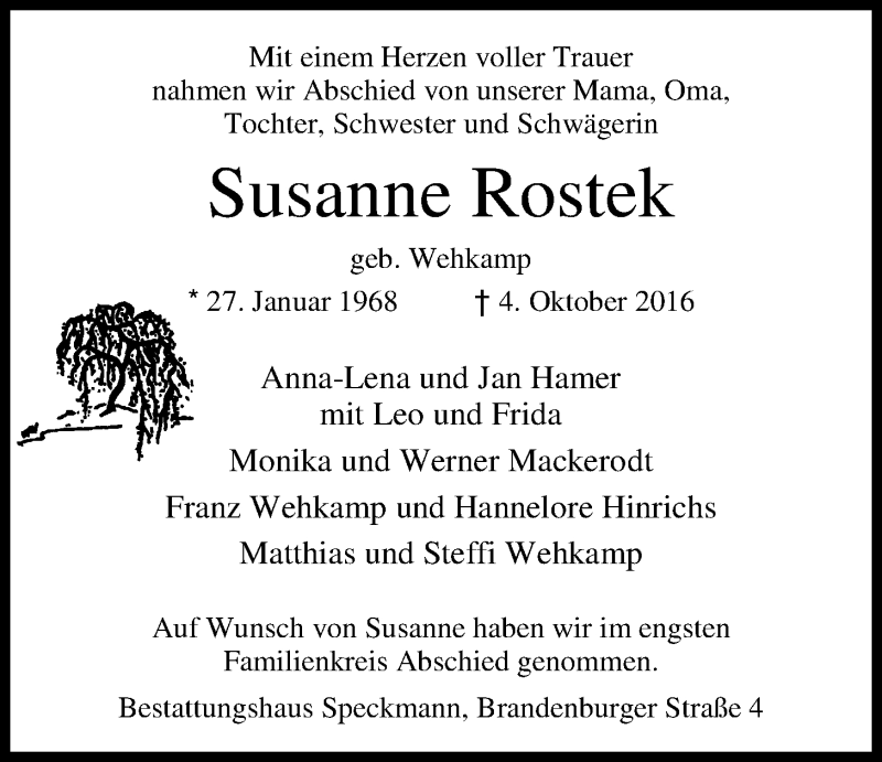  Traueranzeige für Susanne Rostek vom 22.10.2016 aus Nordwest-Zeitung