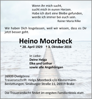 Traueranzeige von Heino Moorbeck von Nordwest-Zeitung