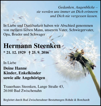 Traueranzeige von Hermann Steenken von Nordwest-Zeitung