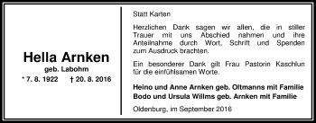 Traueranzeige von Hella Arnken von Nordwest-Zeitung