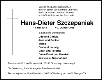 Traueranzeige von Hans-Dieter Szczepaniak von Nordwest-Zeitung