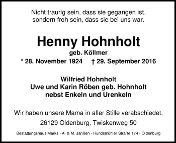 Traueranzeige von Henny Hohnholt von Nordwest-Zeitung