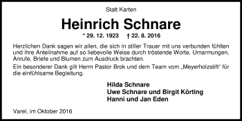 Traueranzeige von Heinrich Schnare von Nordwest-Zeitung