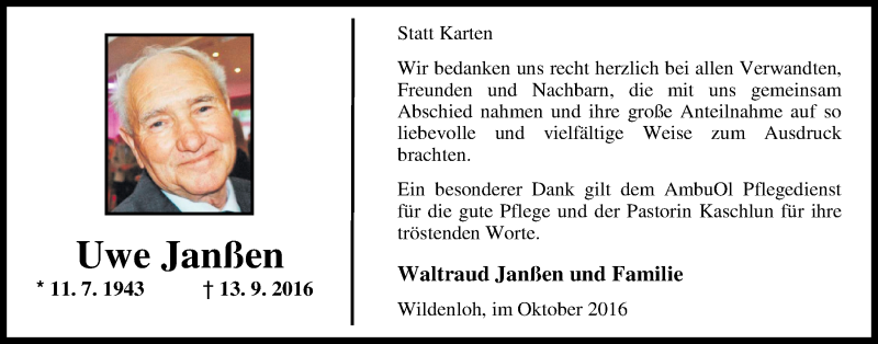 Traueranzeige für Uwe Janßen vom 22.10.2016 aus Nordwest-Zeitung