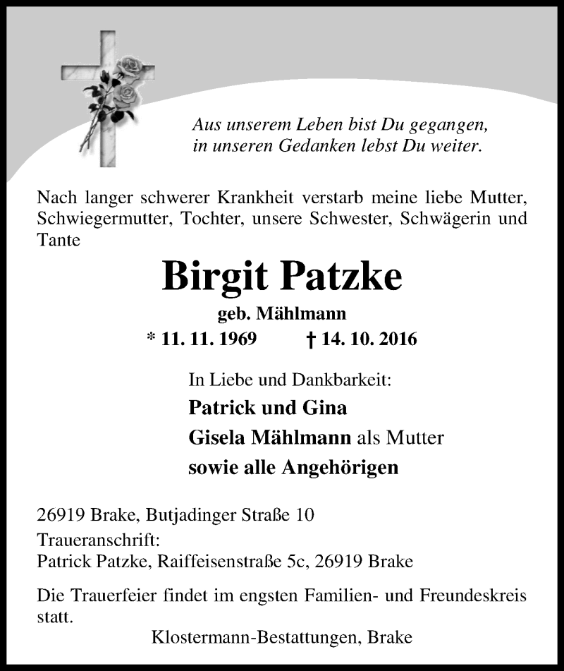  Traueranzeige für Birgit Patzke vom 17.10.2016 aus Nordwest-Zeitung