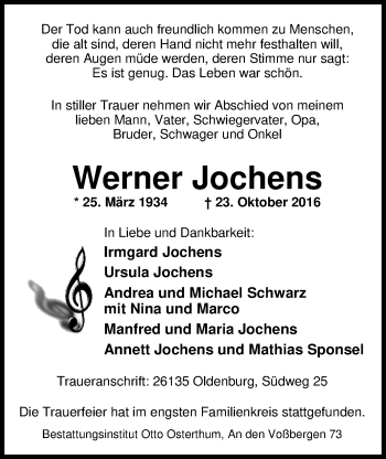 Traueranzeige von Werner Jochens von Nordwest-Zeitung