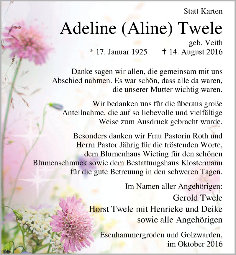  Traueranzeige für Adeline (Aline) Twele vom 17.10.2016 aus Nordwest-Zeitung