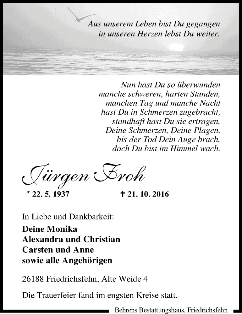  Traueranzeige für Jürgen Froh vom 29.10.2016 aus Nordwest-Zeitung