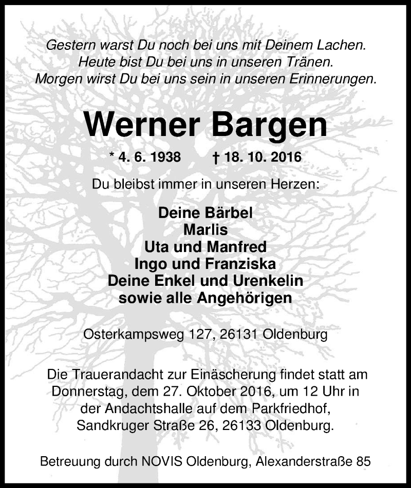  Traueranzeige für Werner Bargen vom 22.10.2016 aus Nordwest-Zeitung