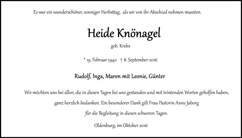  Traueranzeige für Heide Knönagel vom 08.10.2016 aus Nordwest-Zeitung