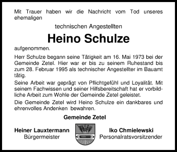 Traueranzeige von Heino Schulze von Nordwest-Zeitung