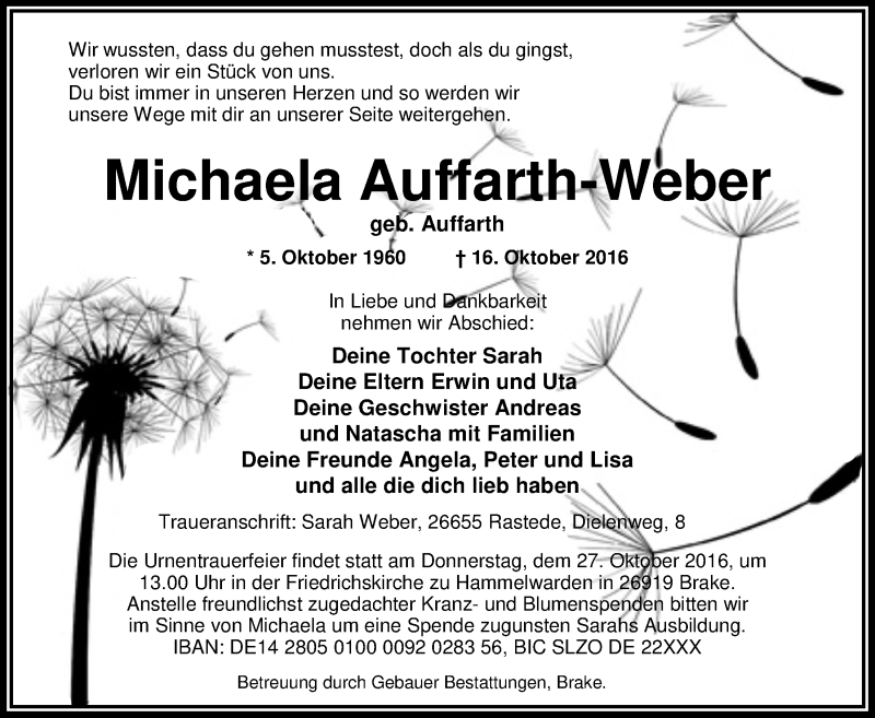  Traueranzeige für Michaela Auffarth-Weber vom 21.10.2016 aus Nordwest-Zeitung