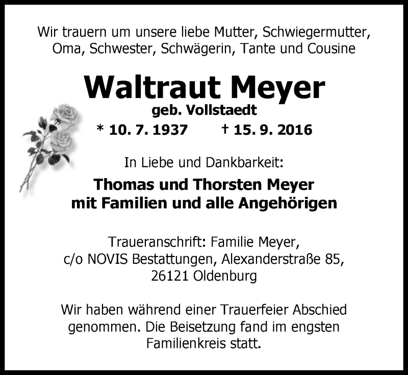  Traueranzeige für Waltraut Meyer vom 08.10.2016 aus Nordwest-Zeitung
