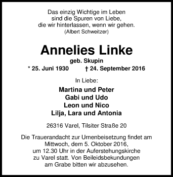 Traueranzeige von Annelies Linke von Nordwest-Zeitung