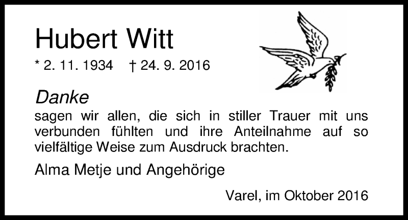  Traueranzeige für Hubert Witt vom 15.10.2016 aus Nordwest-Zeitung