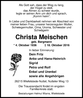 Traueranzeige von Christa Meischen von Nordwest-Zeitung